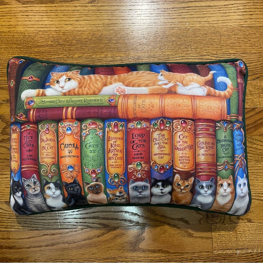 Humorous Whimsical Vibrant Cats and Library Books Decorative Pillow - Picture 10 of 10